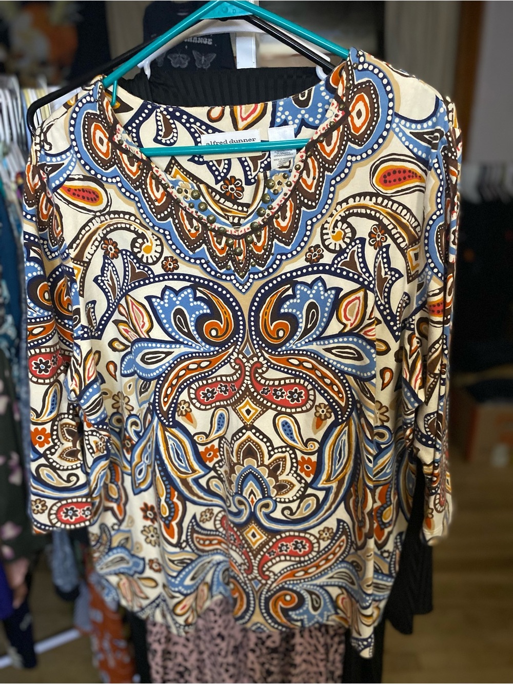 Alfred Dunner Cream Blouse with Blue and Brown Paisley Print